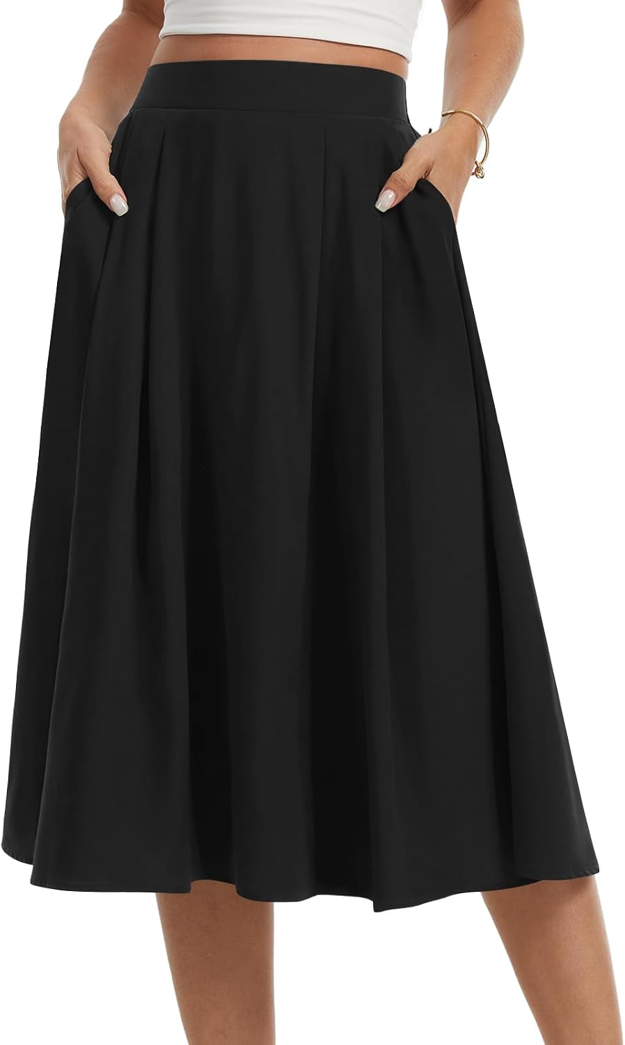 Womens Midi Flowy Skirts A-Line Casual Skirt with Pockets S-2XL | Pleated Elastic High Waisted. Below-The-Knee. Flared Hem. Lightweight Skirt for Summer Outfits