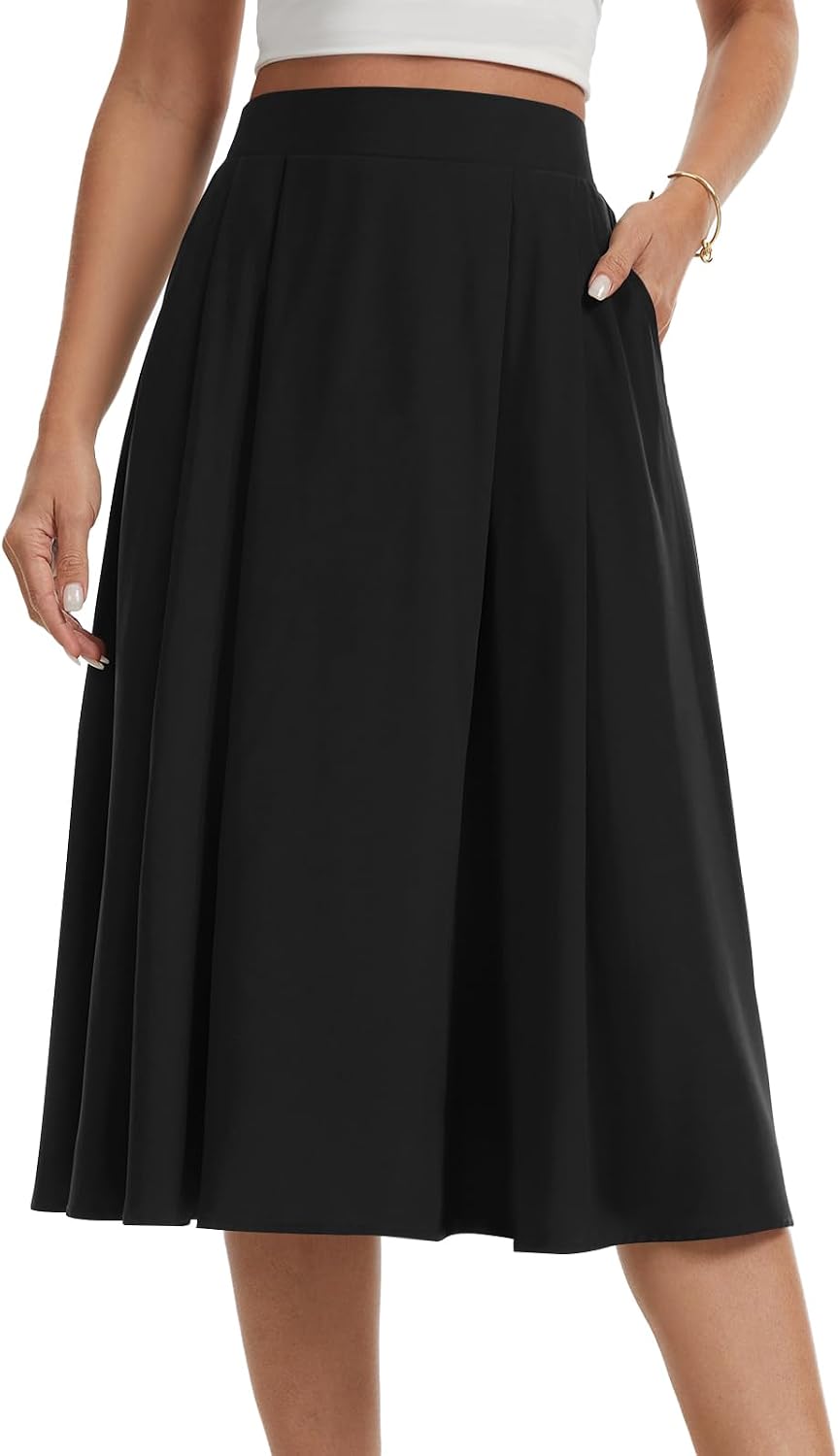 Womens Midi Flowy Skirts A-Line Casual Skirt with Pockets S-2XL | Pleated Elastic High Waisted. Below-The-Knee. Flared Hem. Lightweight Skirt for Summer Outfits - Image 2
