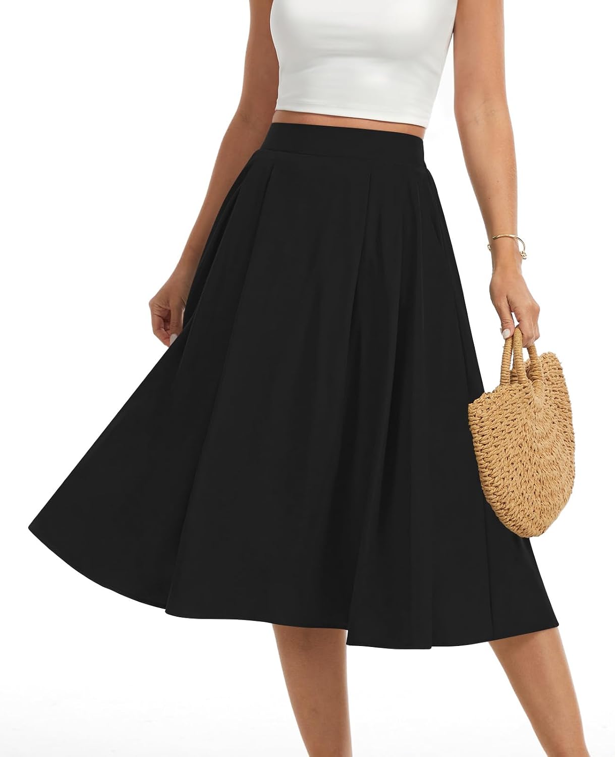 Womens Midi Flowy Skirts A-Line Casual Skirt with Pockets S-2XL | Pleated Elastic High Waisted. Below-The-Knee. Flared Hem. Lightweight Skirt for Summer Outfits - Image 3