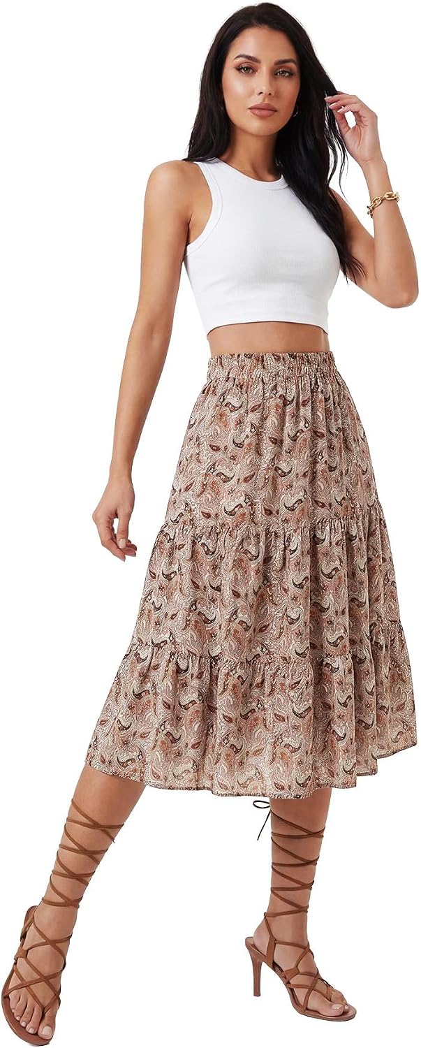 LYANER Women's Floral Print High Waisted A Line Tiered Ruffle Boho Swing Midi Skirts with Pockets - Image 7