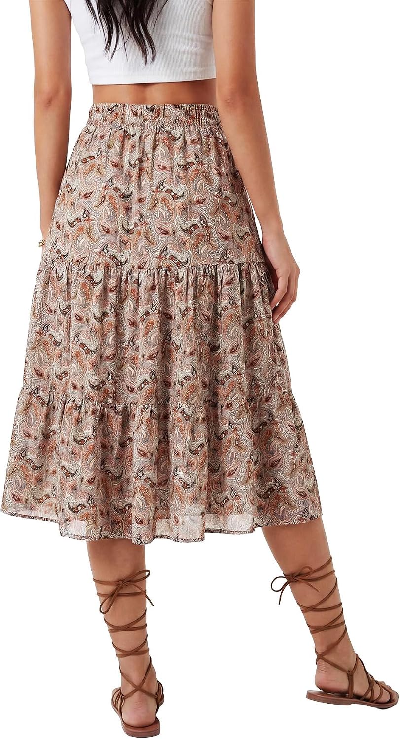 LYANER Women's Floral Print High Waisted A Line Tiered Ruffle Boho Swing Midi Skirts with Pockets - Image 6