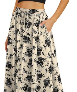 Women's Flowy Maxi Skirt Summer Pleated High Waisted Casual Long Skirts with Pockets