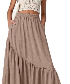 GRECERELLE Women's Maxi Skirt High Waist Tiered A-Line with Pockets | Elastic Waist. Casual Boho Pleated Flowy Swing Long Skirts for Summer Beach Vacation. Asymmetrical Tiered Hem