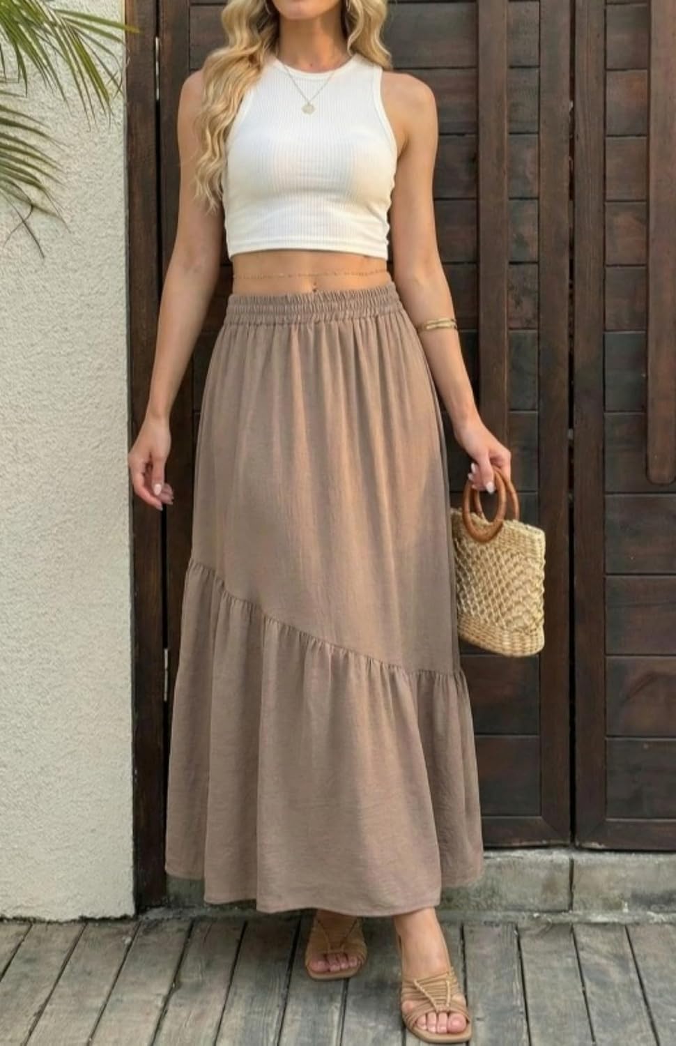 GRECERELLE Women's Maxi Skirt High Waist Tiered A-Line with Pockets | Elastic Waist. Casual Boho Pleated Flowy Swing Long Skirts for Summer Beach Vacation. Asymmetrical Tiered Hem - Image 4