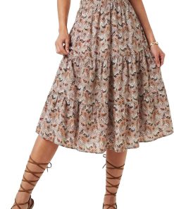 LYANER Women's Floral Print High Waisted A Line Tiered Ruffle Boho Swing Midi Skirts with Pockets