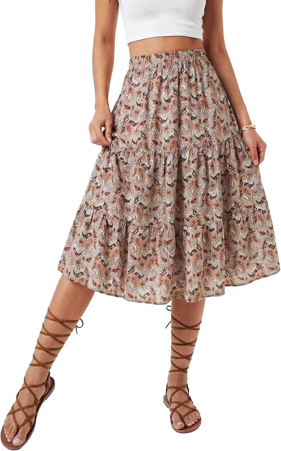 LYANER Women's Floral Print High Waisted A Line Tiered Ruffle Boho Swing Midi Skirts with Pockets
