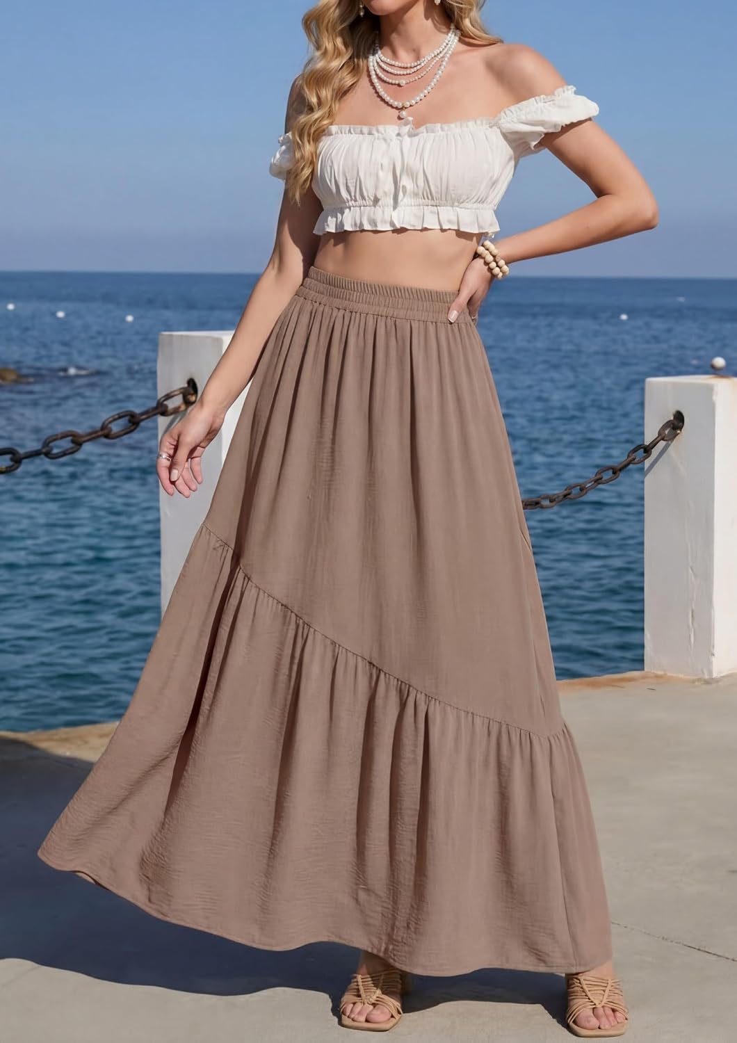 GRECERELLE Women's Maxi Skirt High Waist Tiered A-Line with Pockets | Elastic Waist. Casual Boho Pleated Flowy Swing Long Skirts for Summer Beach Vacation. Asymmetrical Tiered Hem - Image 5