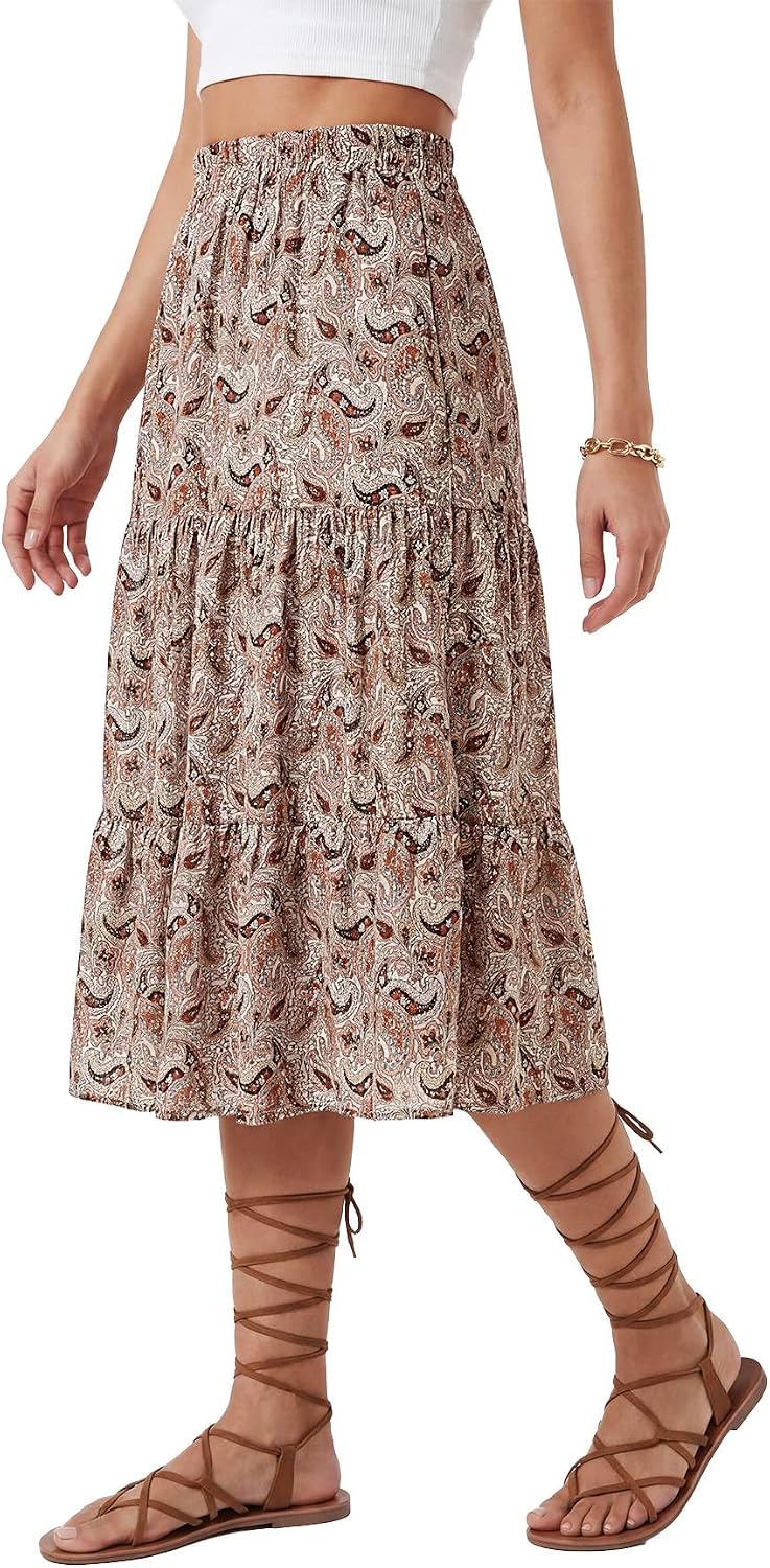 LYANER Women's Floral Print High Waisted A Line Tiered Ruffle Boho Swing Midi Skirts with Pockets - Image 5