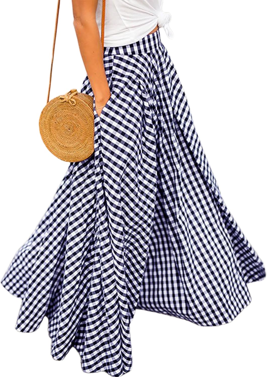 Women's Gingham Plaid Maxi Skirt High Waist A-Line Pleated Summer Skirt | Classic Vintage Swing Flared Long Skirt Soft Breathable Lightweight Comfy Casual Wear For Daily Outings Beach and Vacation
