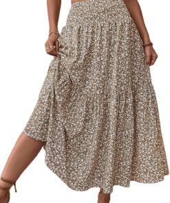 Women's Smocked High Waist Maxi Skirt Casual Boho Long Skirts with Pockets