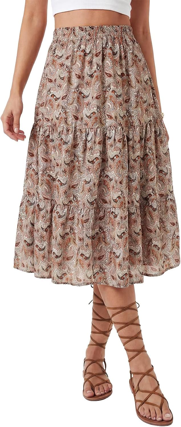 LYANER Women's Floral Print High Waisted A Line Tiered Ruffle Boho Swing Midi Skirts with Pockets - Image 2