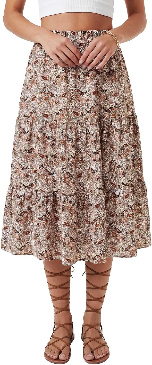 LYANER Women's Floral Print High Waisted A Line Tiered Ruffle Boho Swing Midi Skirts with Pockets - Image 3