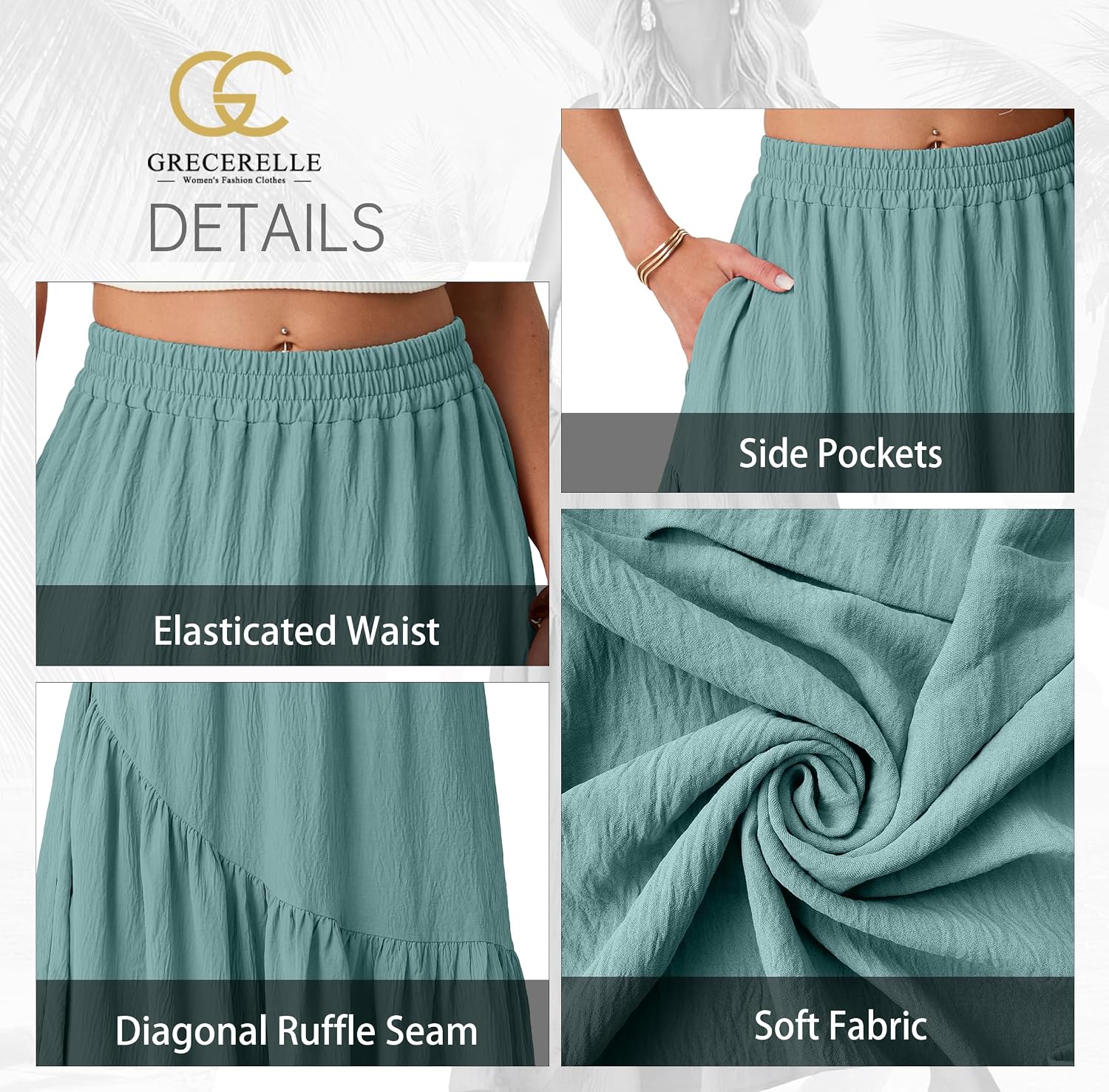 GRECERELLE Women's Maxi Skirt High Waist Tiered A-Line with Pockets | Elastic Waist. Casual Boho Pleated Flowy Swing Long Skirts for Summer Beach Vacation. Asymmetrical Tiered Hem - Image 7